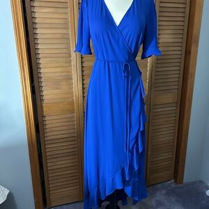Lulu's Cobalt Blue Wrap Midi Dress with Ruffle Hem